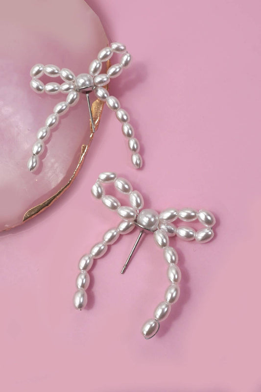 Pearl Bead Bow Ribbon Earrings