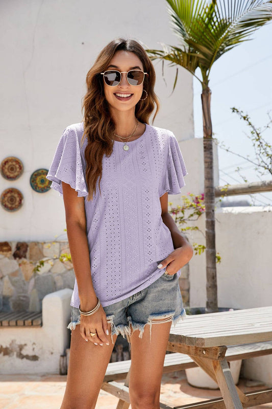 Pointelle Flutter Sleeve Knit Top
