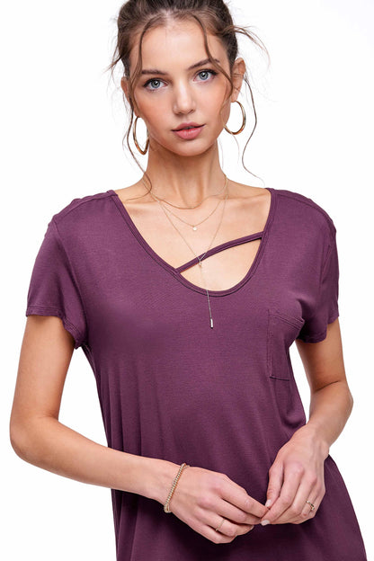 Stretchy Cutout Front Pocket Short Sleeve Basic Top - Southern Sassy Boutique