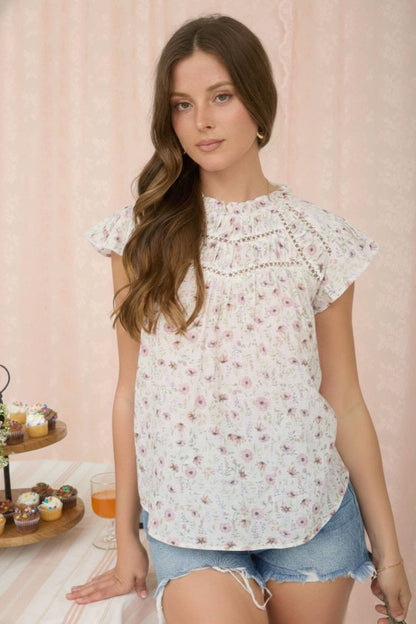 PLUS FLORAL RUFFLE DETAIL LINE LACE YOKE TOP