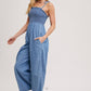 DENIM SMOCKED STRAP WIDE LEG JUMPSUIT