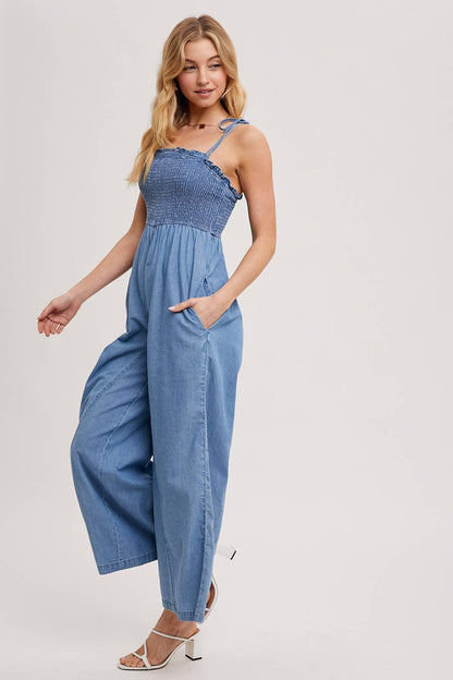 DENIM SMOCKED STRAP WIDE LEG JUMPSUIT - Southern Sassy Boutique