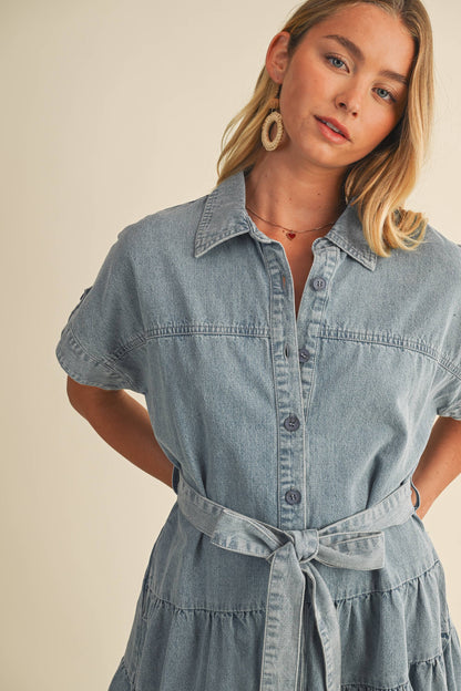 RUFFLE TIERED DENIM DRESS