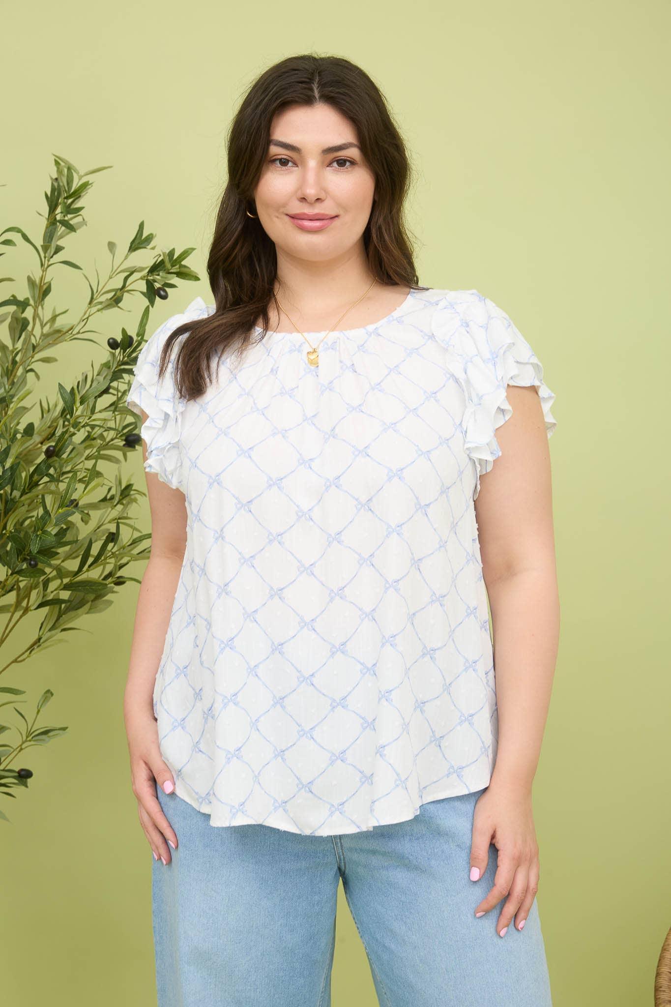 BOW CLIP DOT PATTERN RUFFLE SLEEVE BLOUSE - Southern Sassy Boutique