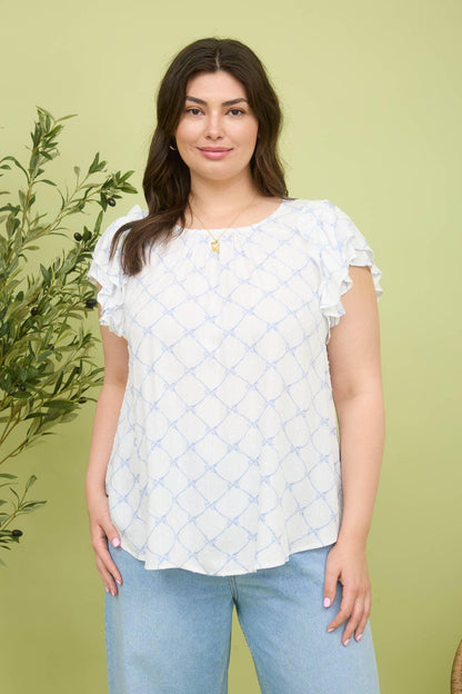 BOW CLIP DOT PATTERN RUFFLE SLEEVE BLOUSE - Southern Sassy Boutique