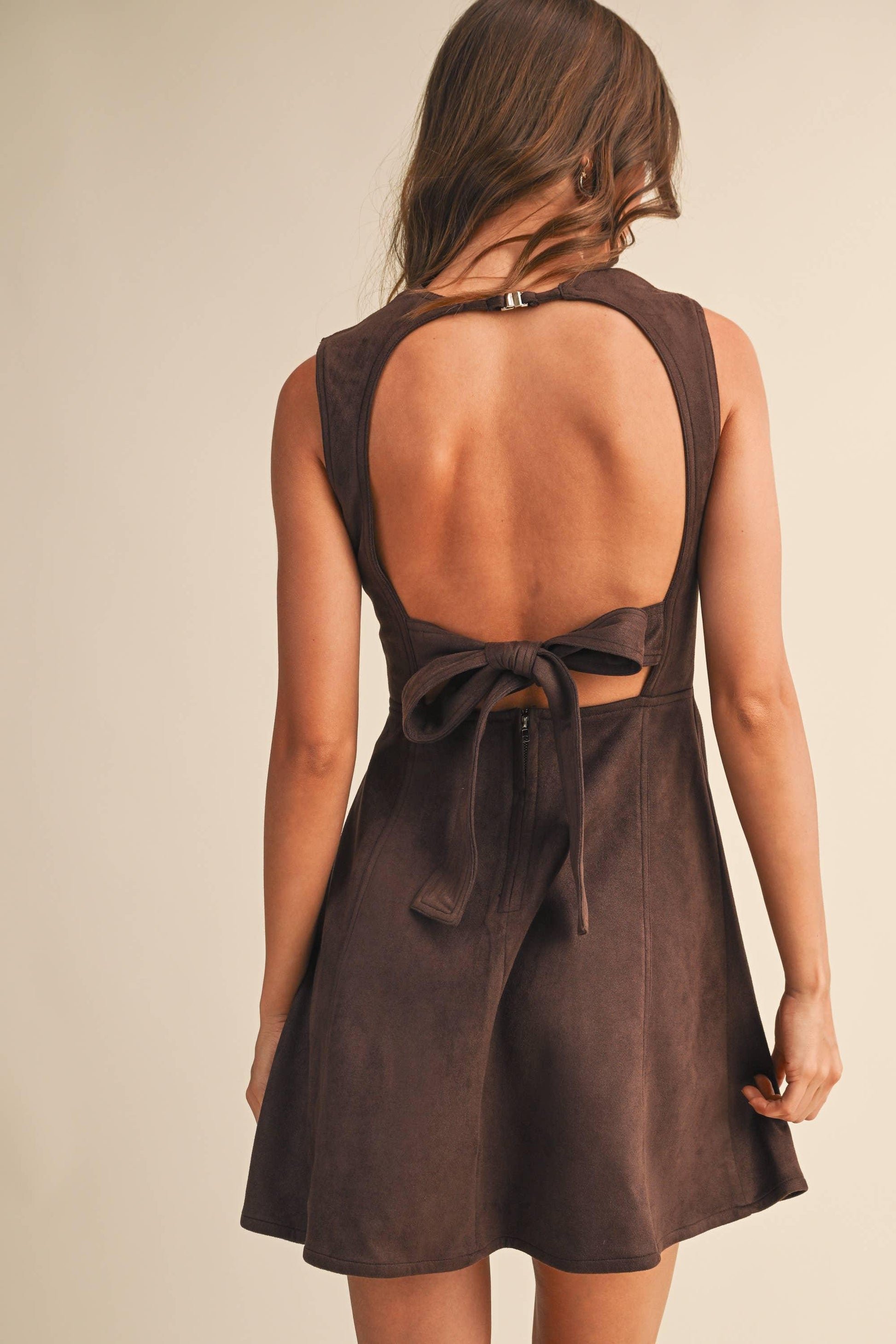 FAUX SUEDE BACKLESS A LINE MINI DRESS - Southern Sassy Boutique