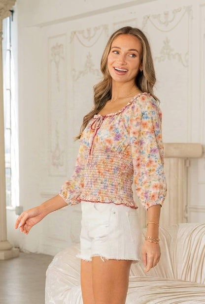 Relaxed Fit Smocked Floral Square Neck Top-Plus