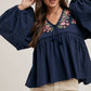 FLORAL EMBROIDERY BUBBLE SLEEVED BABYDOLL TOP