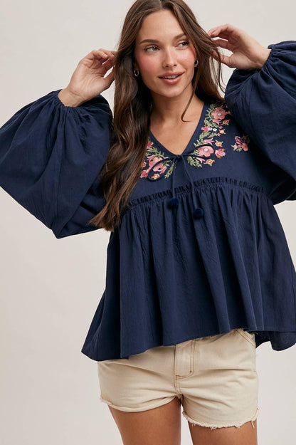 FLORAL EMBROIDERY BUBBLE SLEEVED BABYDOLL TOP - Southern Sassy Boutique