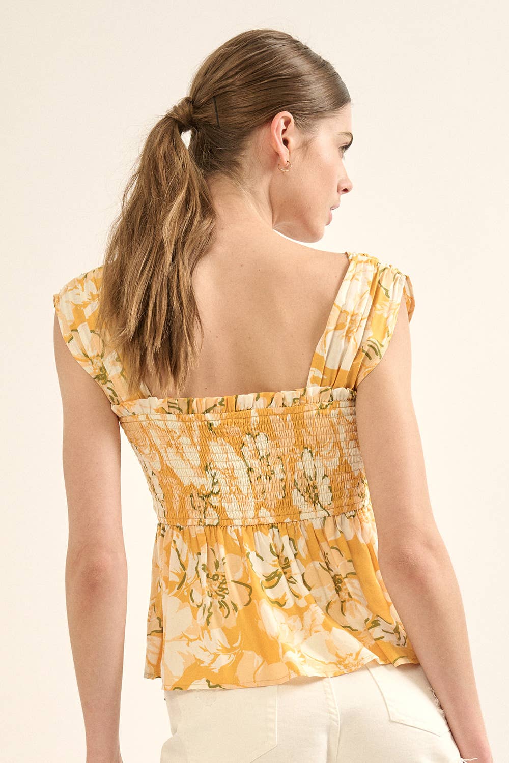 Smocked Floral Square Neck Shoulder Strap Blouse