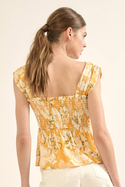 Smocked Floral Square Neck Shoulder Strap Blouse