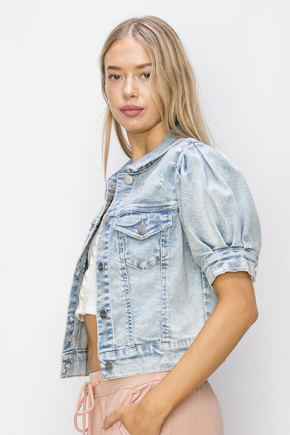 Shirring Sleeve Crop Denim Jacket