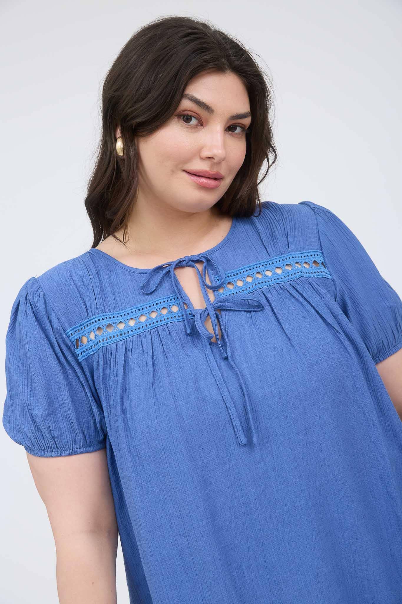 PLUS EYELET LACE TRIM DOUBLE FRONT TIE TOP - Southern Sassy Boutique