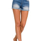 Mid Rise Raw Frayed Hem Denim Shorts