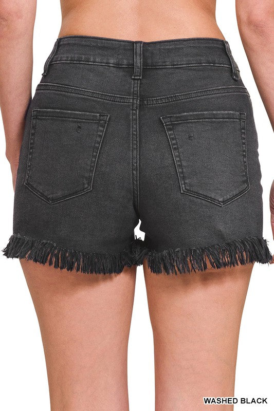 Mid Rise Raw Frayed Hem Washed Black Shorts