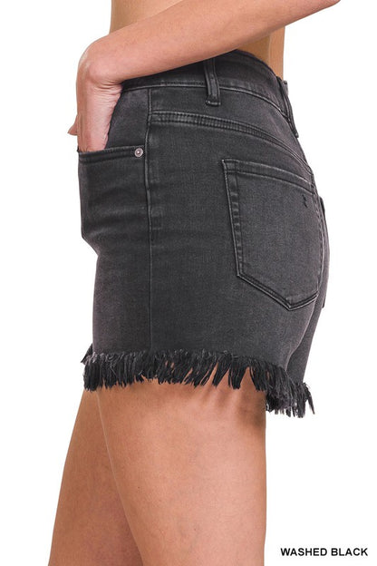 Mid Rise Raw Frayed Hem Washed Black Shorts