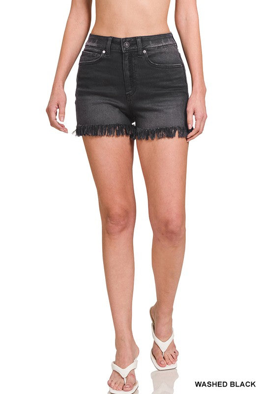 Mid Rise Raw Frayed Hem Washed Black Shorts