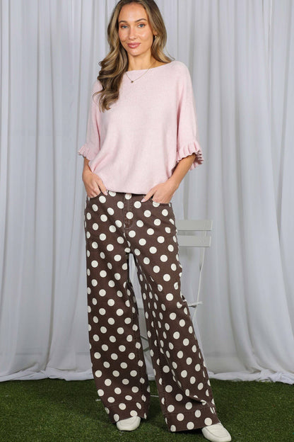 Polka Dot Straight Leg Cotton Denim Span Pants
