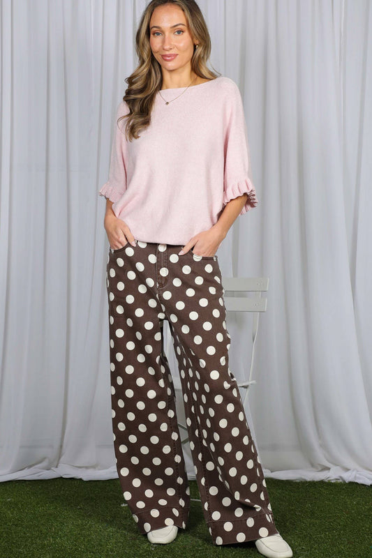 Polka Dot Straight Leg Cotton Denim Span Pants