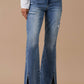 High Rise Front Slit Flare Distressed Denim