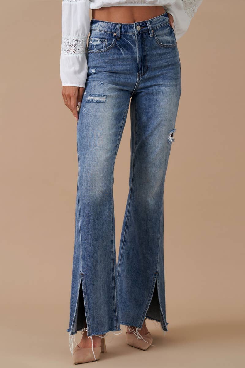 High Rise Front Slit Flare Distressed Denim