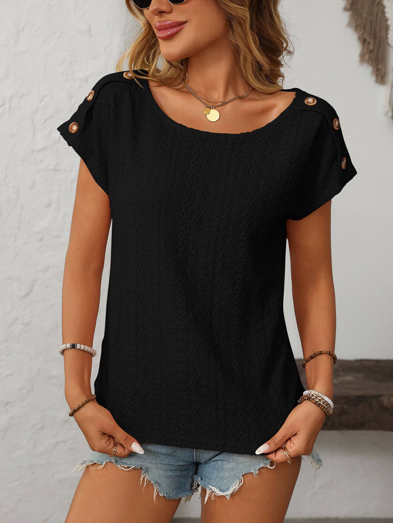 Eyelet Button Detail Short SleeveTop