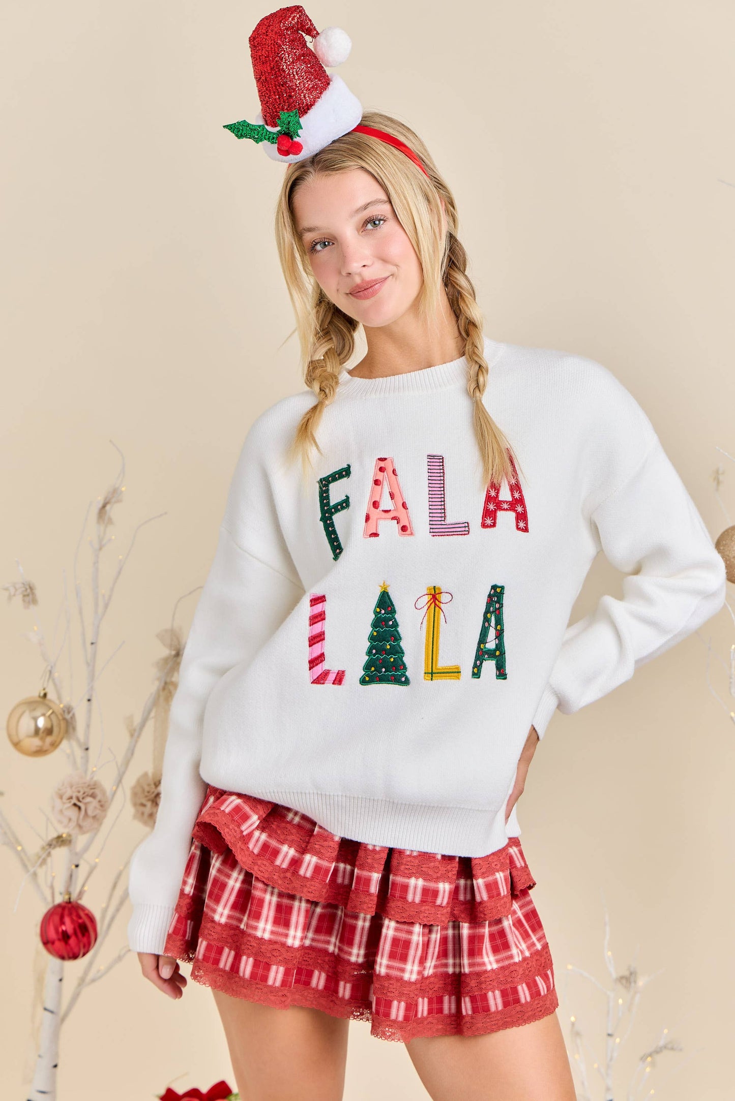 Festive Holiday Falala Embroidered Sweater Knit Top