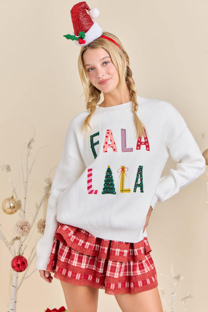 Festive Holiday Falala Embroidered Sweater Knit Top - Southern Sassy Boutique