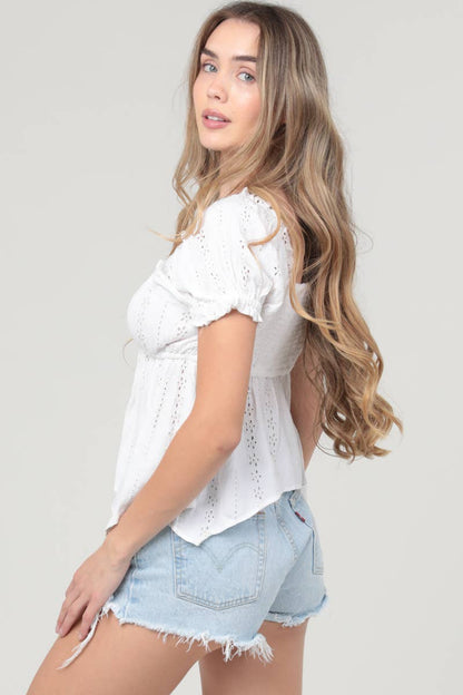 Eyelet Emboidered Puff Sleeve Hanky Hem Top