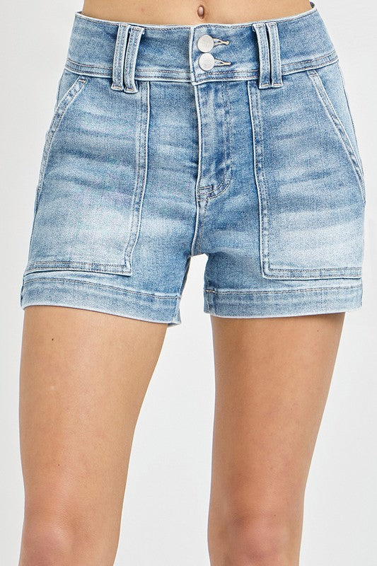 High Rise Patched Front Pocket Shorts