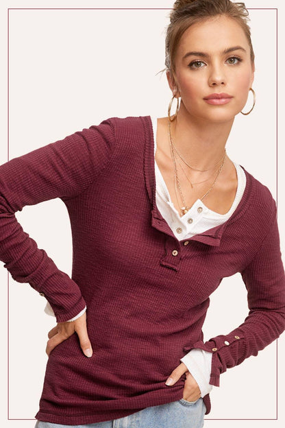 Ribbed Henley Neck Stitched Fitted Long Sleeve Top - Southern Sassy Boutique