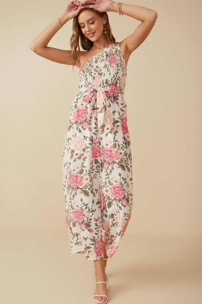 Romantic Floral Smocked One Shoulder Jumpsuit