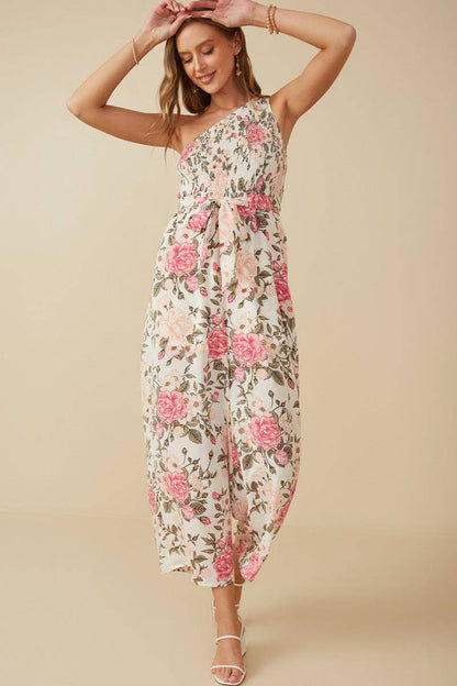 Romantic Floral Smocked One Shoulder Jumpsuit