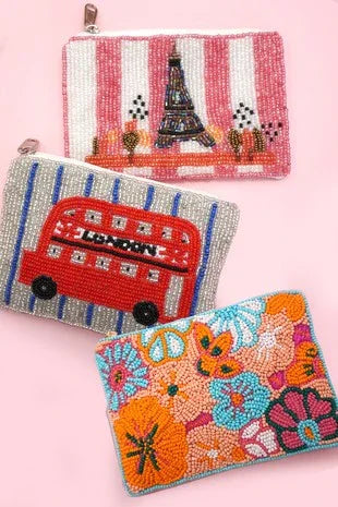 London Bus- Flower- Paris- Seed Bead Coin Pouch - Southern Sassy Boutique