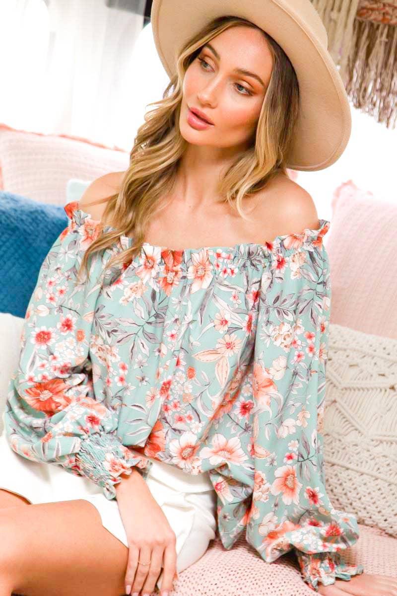 Off The Shoulder Floral Boho Ruffle Sleeve Blouse - Southern Sassy Boutique
