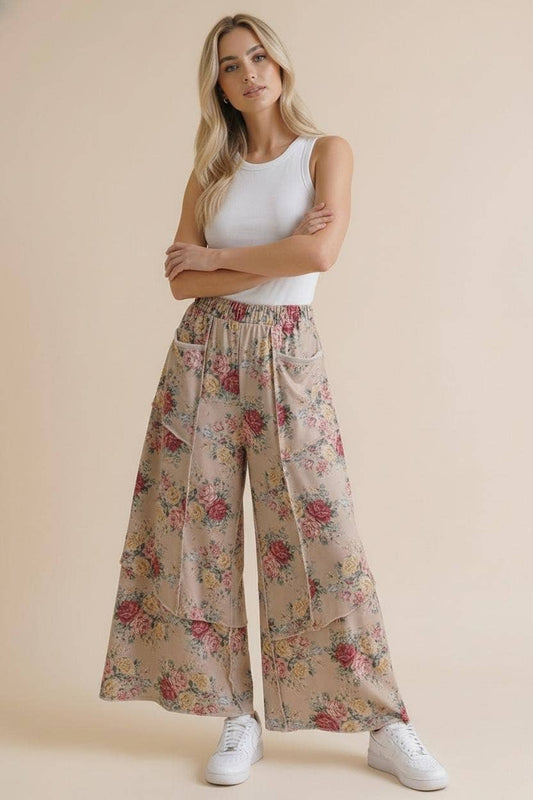 Elastic Waist Wide Leg Vintage Floral Pant