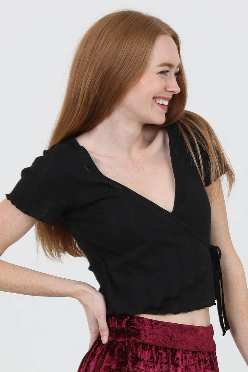 Cropped Pointelle Knit Wrap Top