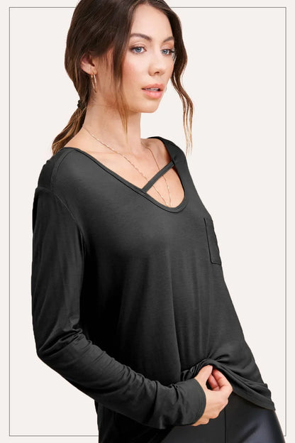 Super Stretchy Cutout Front Pocket Long Sleeve Top - Southern Sassy Boutique
