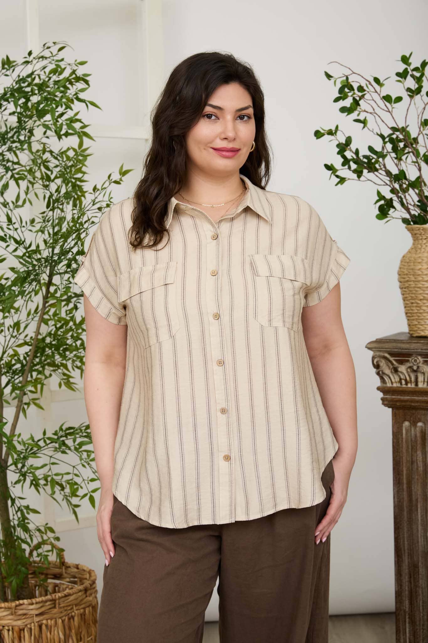 PLUS STRIPE TAB DETAIL COLLARED BUTTON DOWN SHIRT