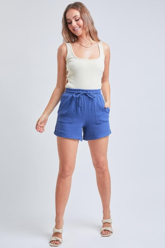 Double Gauze Drawstring Banded Hem Shorts With Back Pockets
