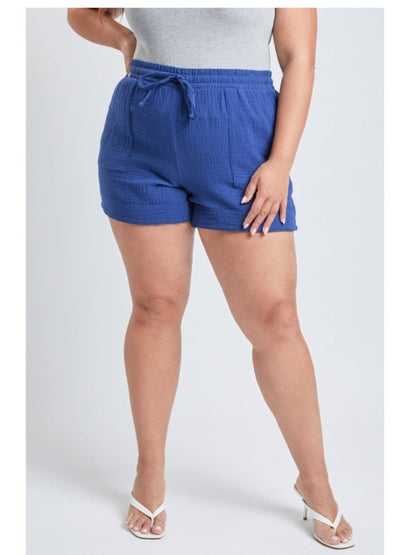 Plus Size Double Gauze Shorts With Banded Hem And side Pockets