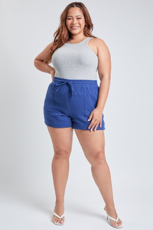 Plus Size Double Gauze Shorts With Banded Hem And side Pockets