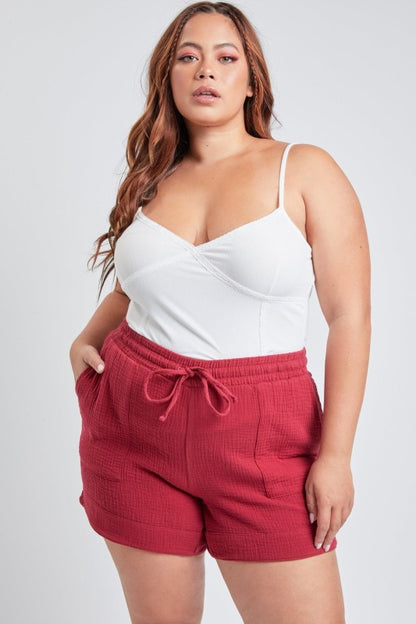 Plus Size Double Gauze Shorts With Banded Hem And side Pockets