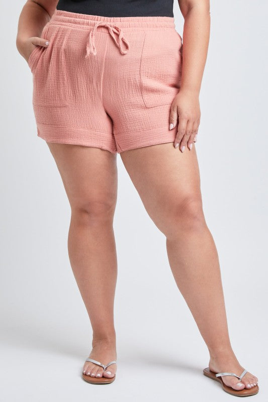 Plus Size Double Gauze Shorts With Banded Hem And side Pockets