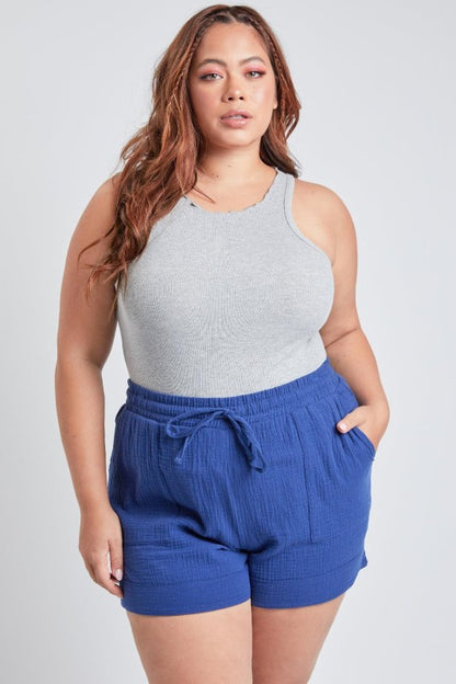 Plus Size Double Gauze Shorts With Banded Hem And side Pockets