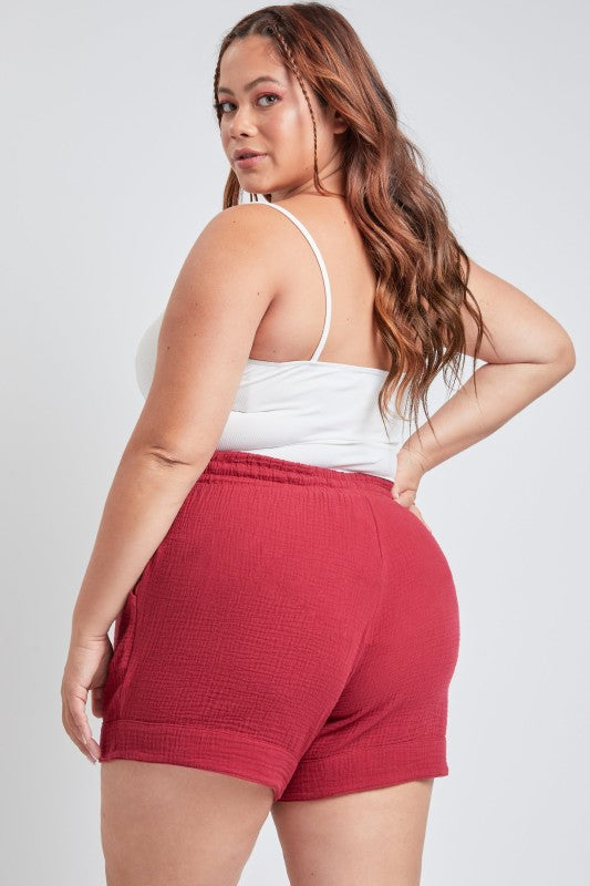 Plus Size Double Gauze Shorts With Banded Hem And side Pockets