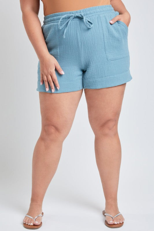 Plus Size Double Gauze Shorts With Banded Hem And side Pockets