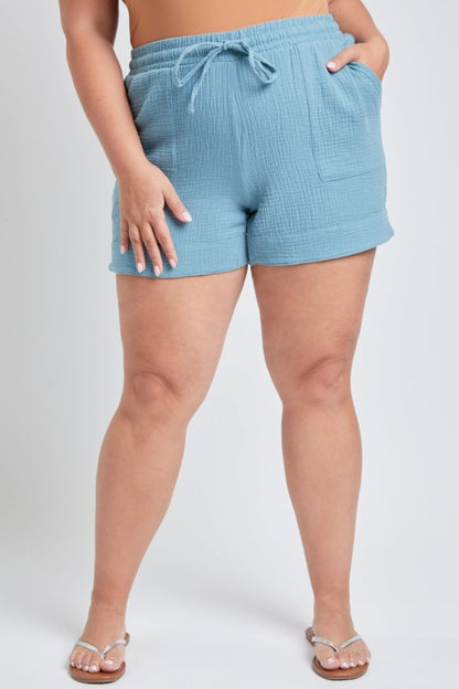 Plus Size Double Gauze Shorts With Banded Hem And side Pockets