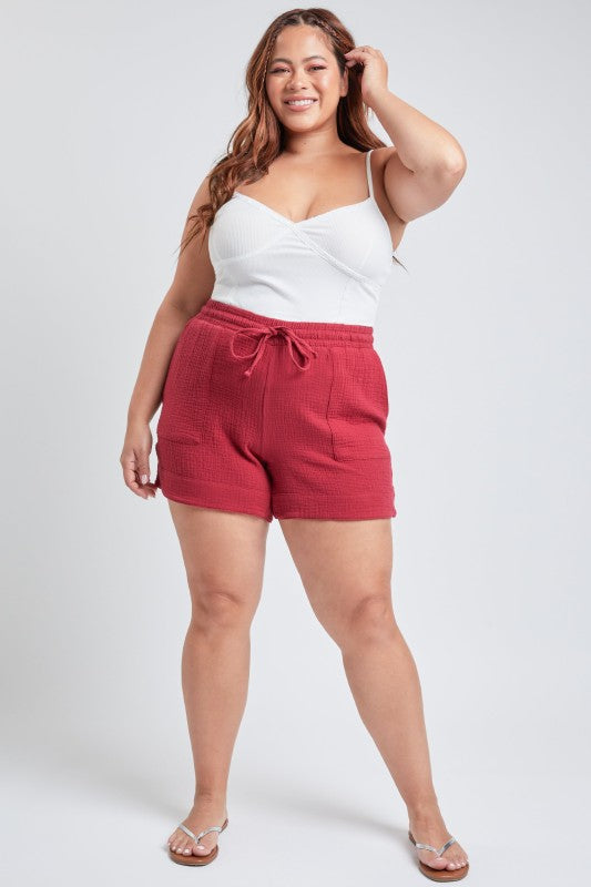 Plus Size Double Gauze Shorts With Banded Hem And side Pockets