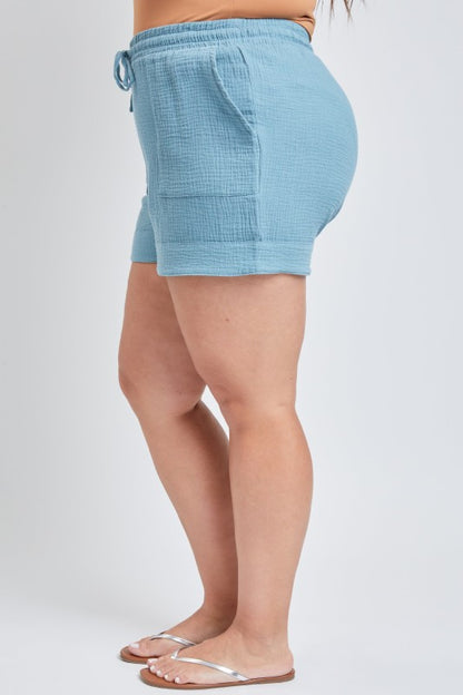 Plus Size Double Gauze Shorts With Banded Hem And side Pockets